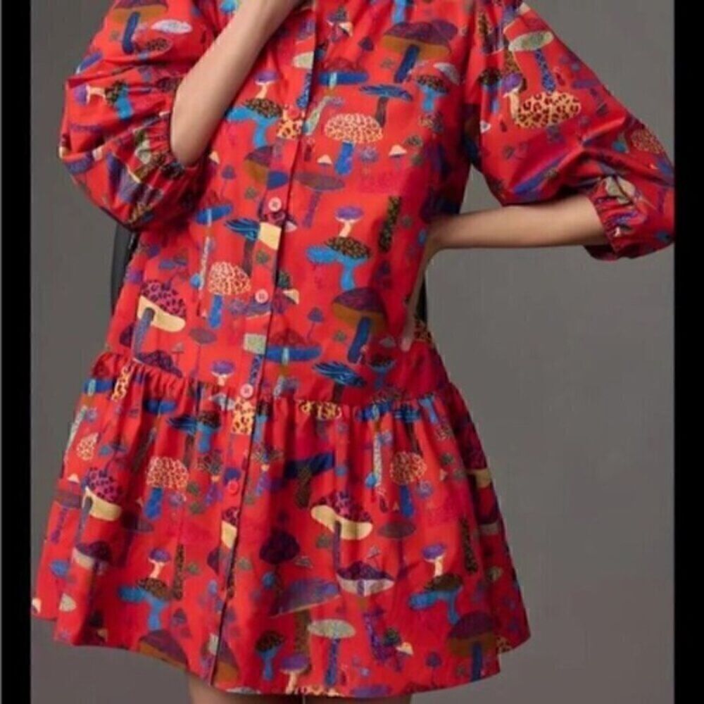 Red Animal Print Mushroom  Lantern Sleeve Mini Dress S - Picture 12 of 12